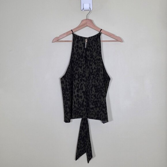 Tyche Halter Tie Front Top Womens L Green Black Leopard Print Lined Boho Preppy - Picture 13 of 13